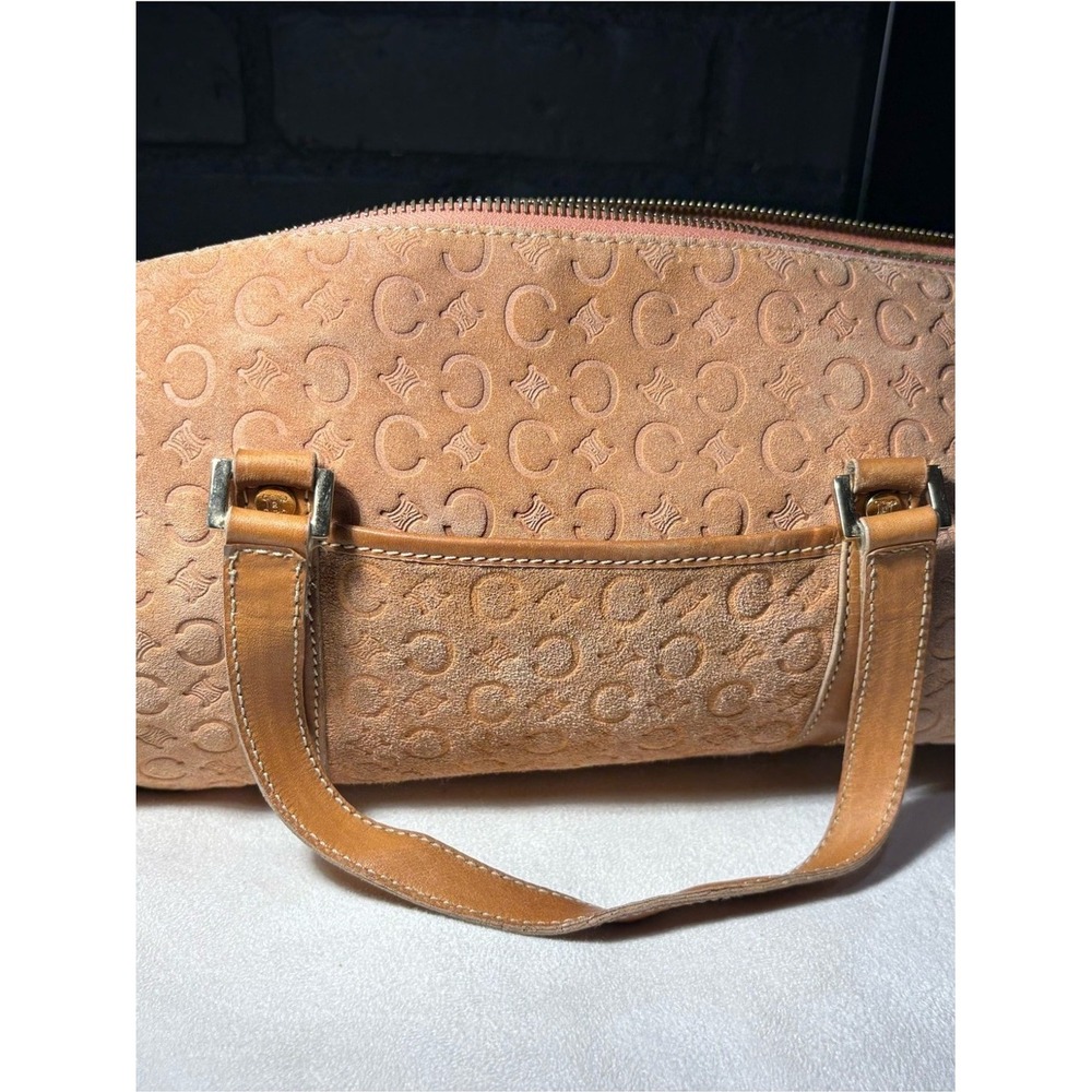 Celine Vintage C Macadam Monogram Suede Barrel Bag Peach Tan Leather Trim - Picture 2 of 6